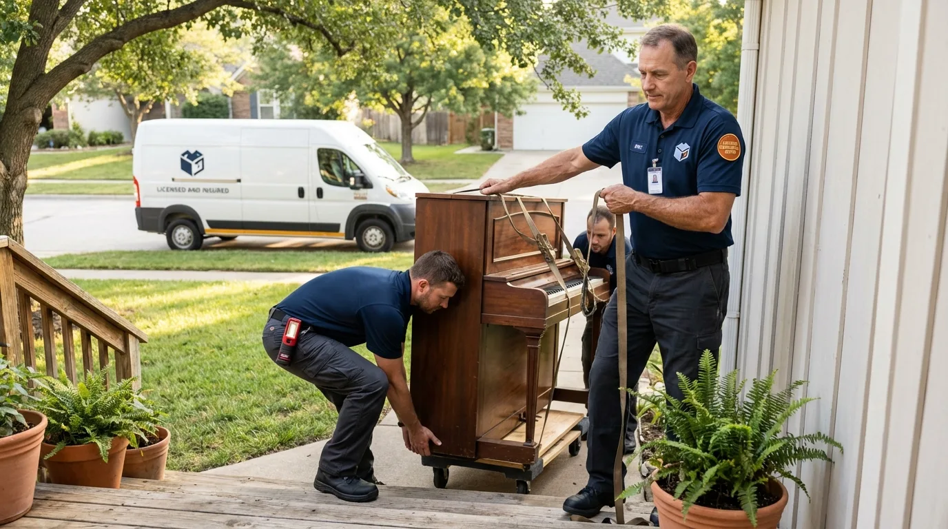 Licensed piano movers securing grand piano in Huntingtown, MD