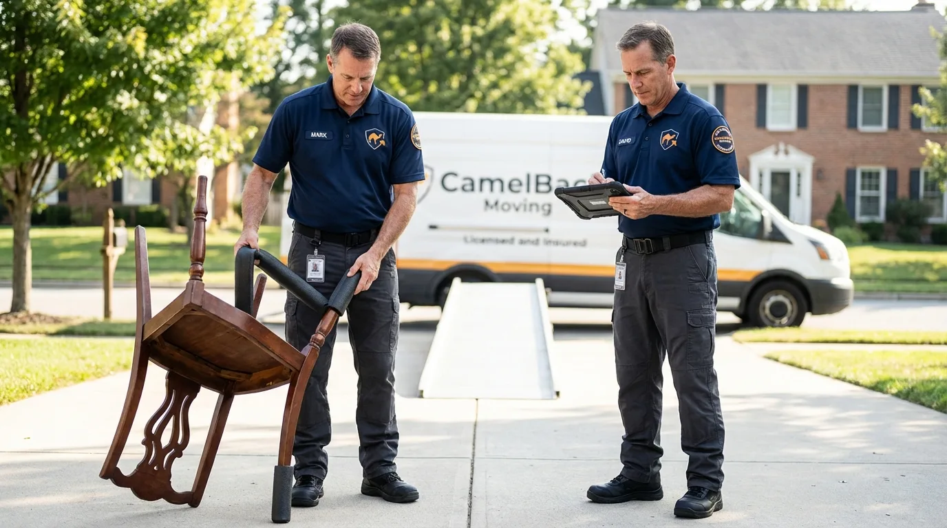 Movers inspecting furniture for damage prevention before loading in Huntingtown, MD